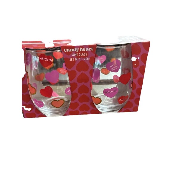 Wine Glass 2 Piece 20 Oz Candy Hearts and Kisses Stemless Wine Glass Set - Picture 1 of 2